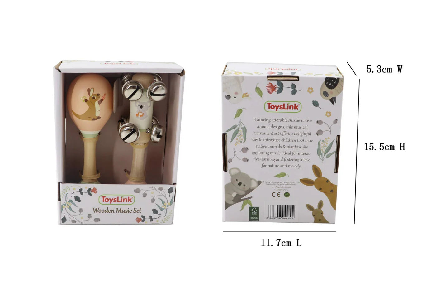 Wooden Kangaroo Maraca & Koala Jingle Stick