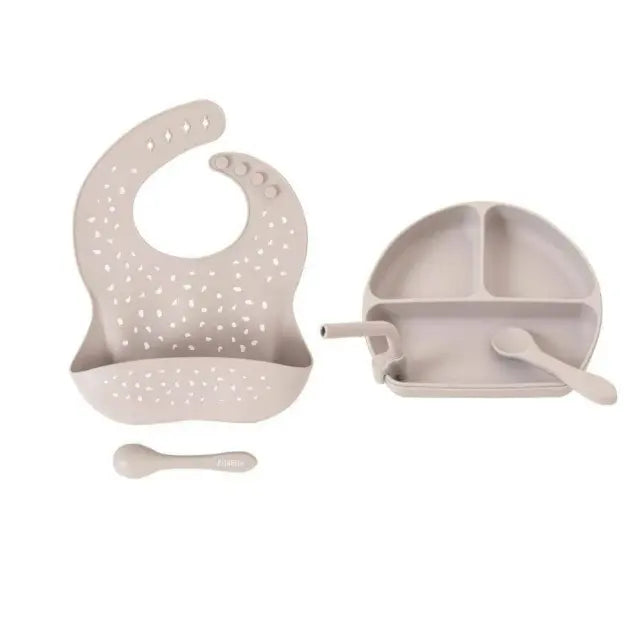 Silicone Catch Bib & Spoon Set - Stone