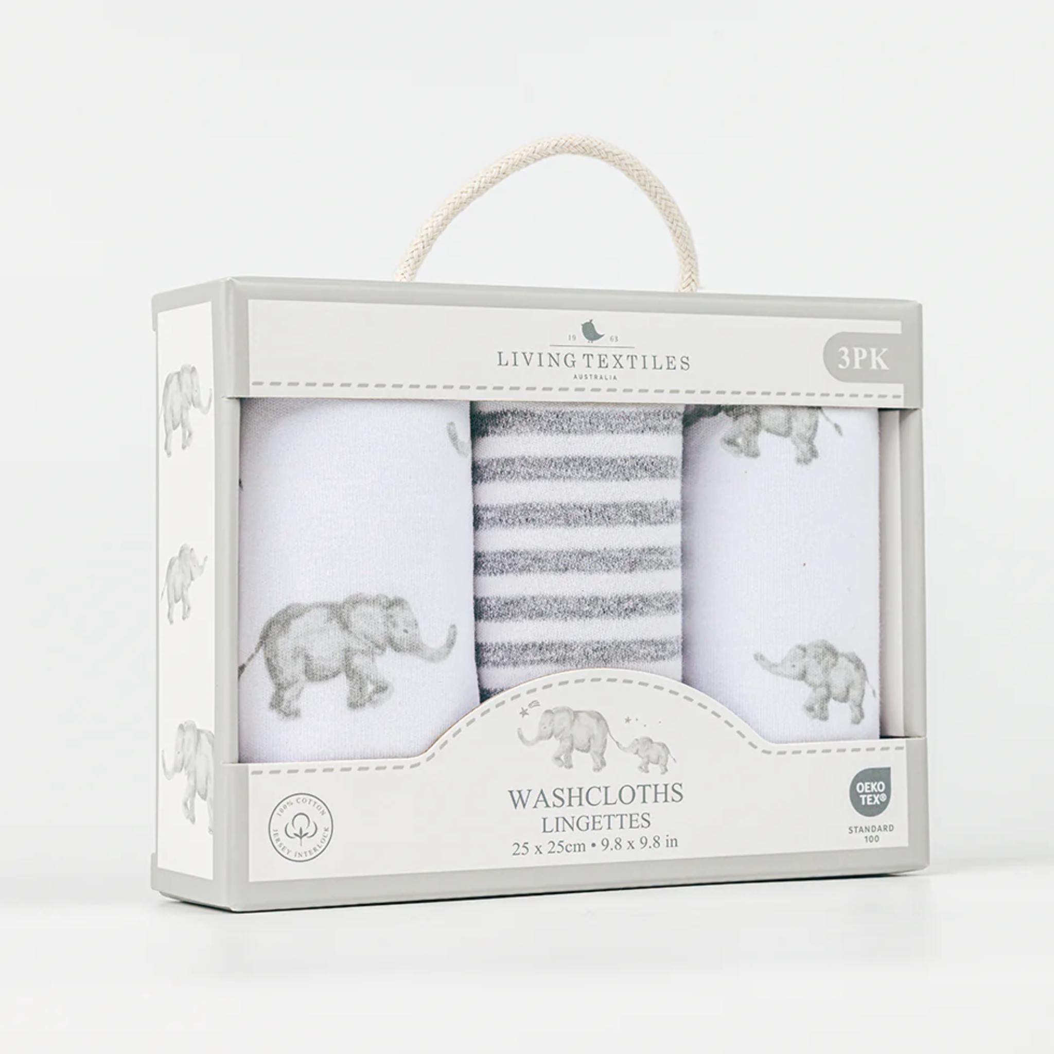 3pk Washcloths - Grey Elephant/ Stripes