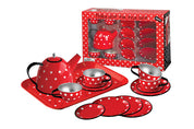 Tin Tea Set - Red Polka Dot Black Trim 15 pcs