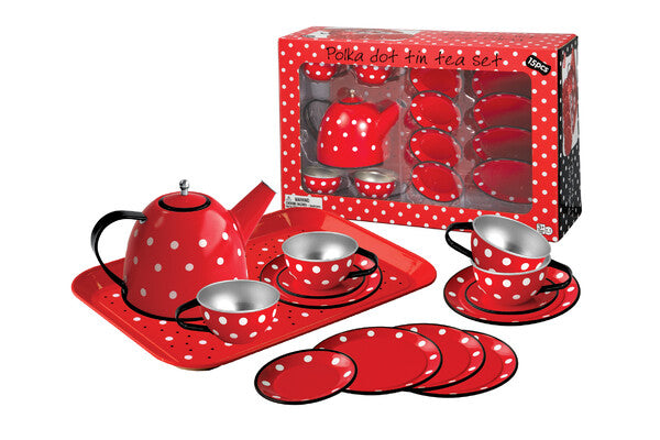 Tin Tea Set - Red Polka Dot Black Trim 15 pcs
