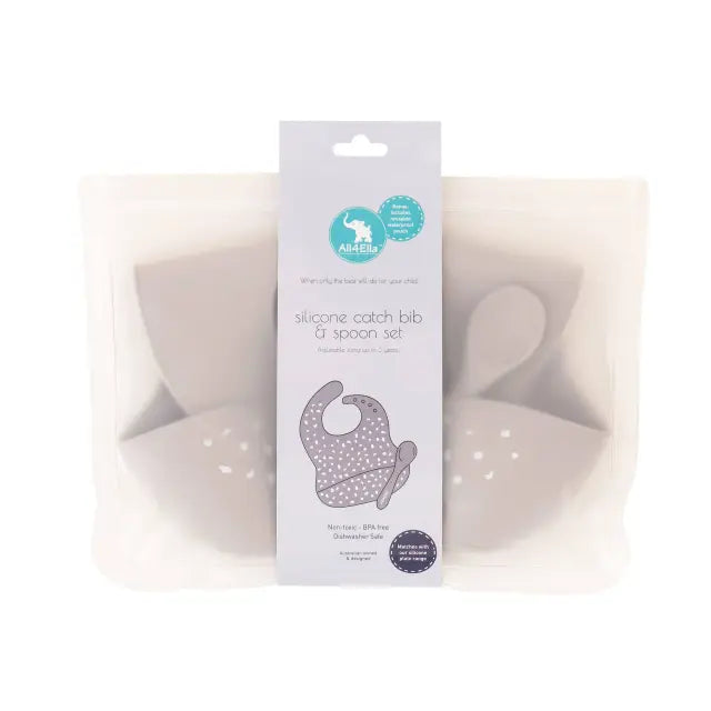 Silicone Catch Bib & Spoon Set - Stone