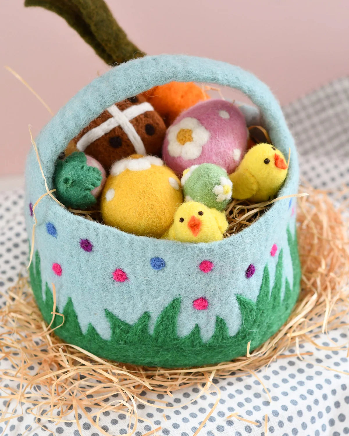 Felt Blue Basket With Colourful Dots