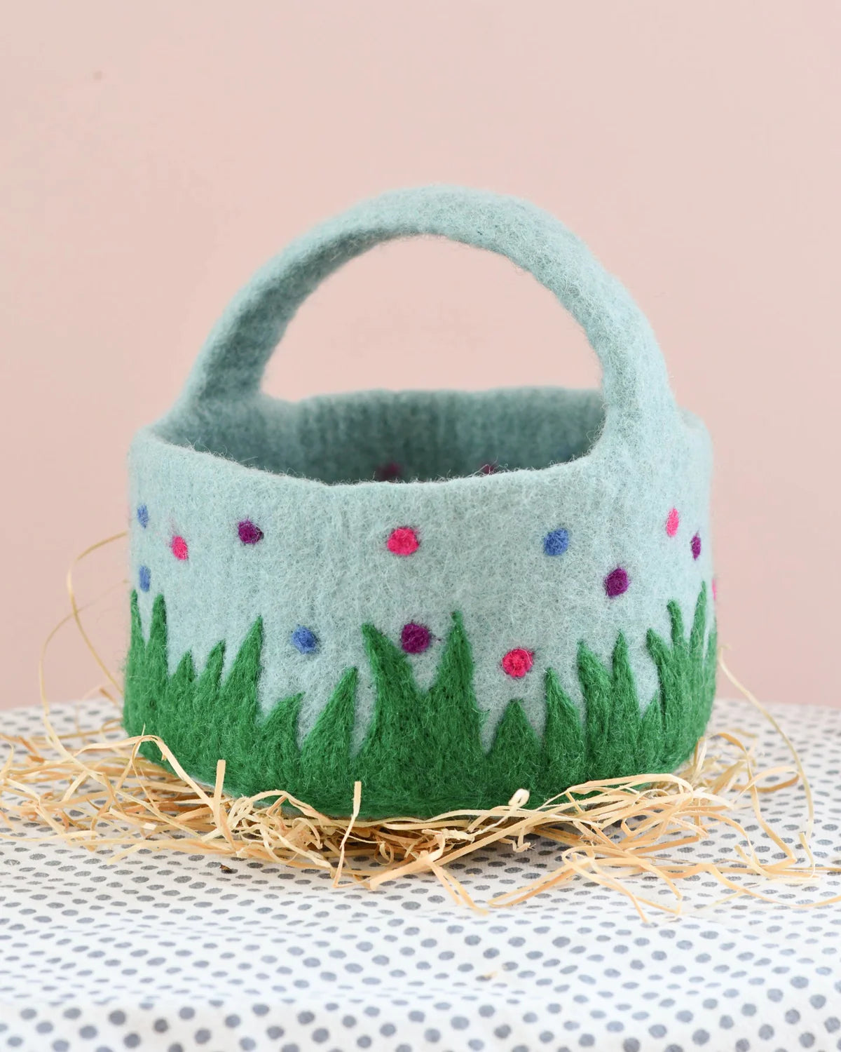 Felt Blue Basket With Colourful Dots