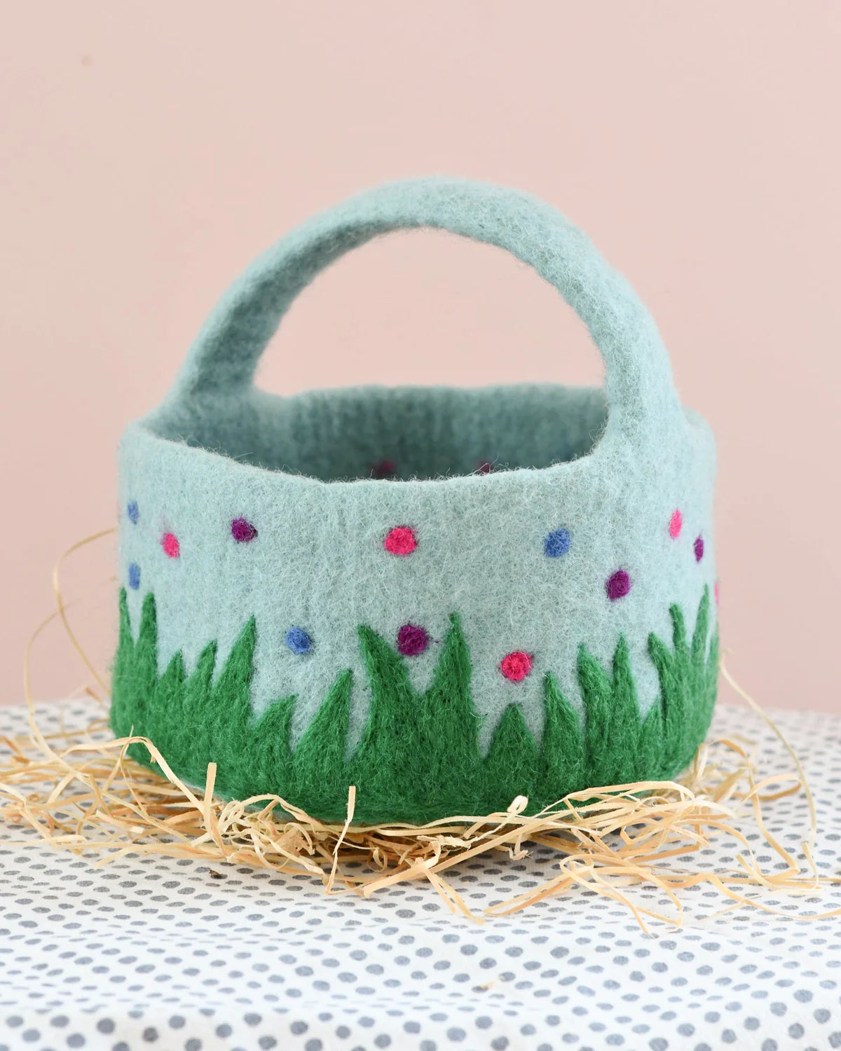 Felt Blue Basket With Colourful Dots