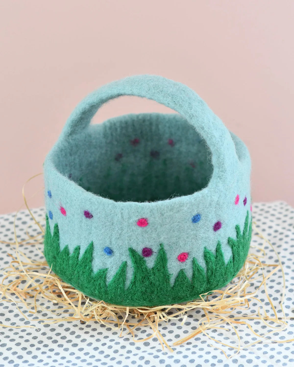 Felt Blue Basket With Colourful Dots