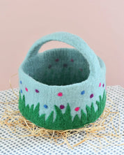 Felt Blue Basket With Colourful Dots