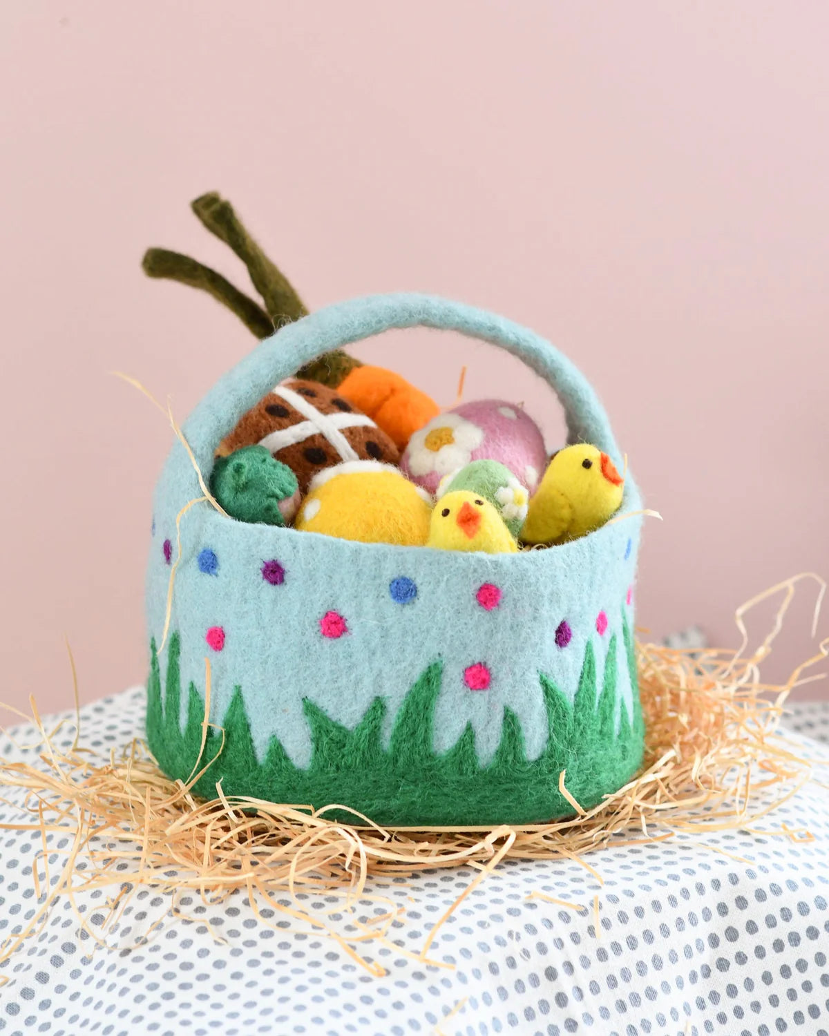 Felt Blue Basket With Colourful Dots