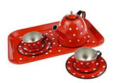 Tin Tea Set - Red Polka Dot Black Trim 15 pcs