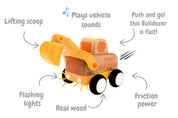 Wooden Friction Truck - Digger with Sound and Light
