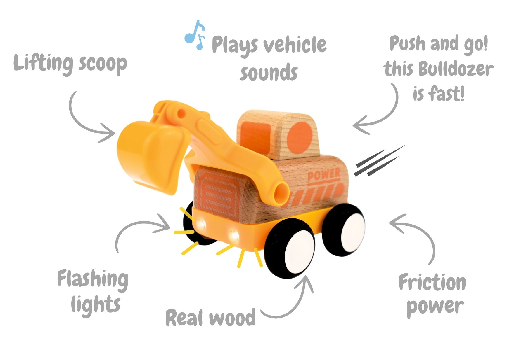 Wooden Friction Truck - Digger with Sound and Light