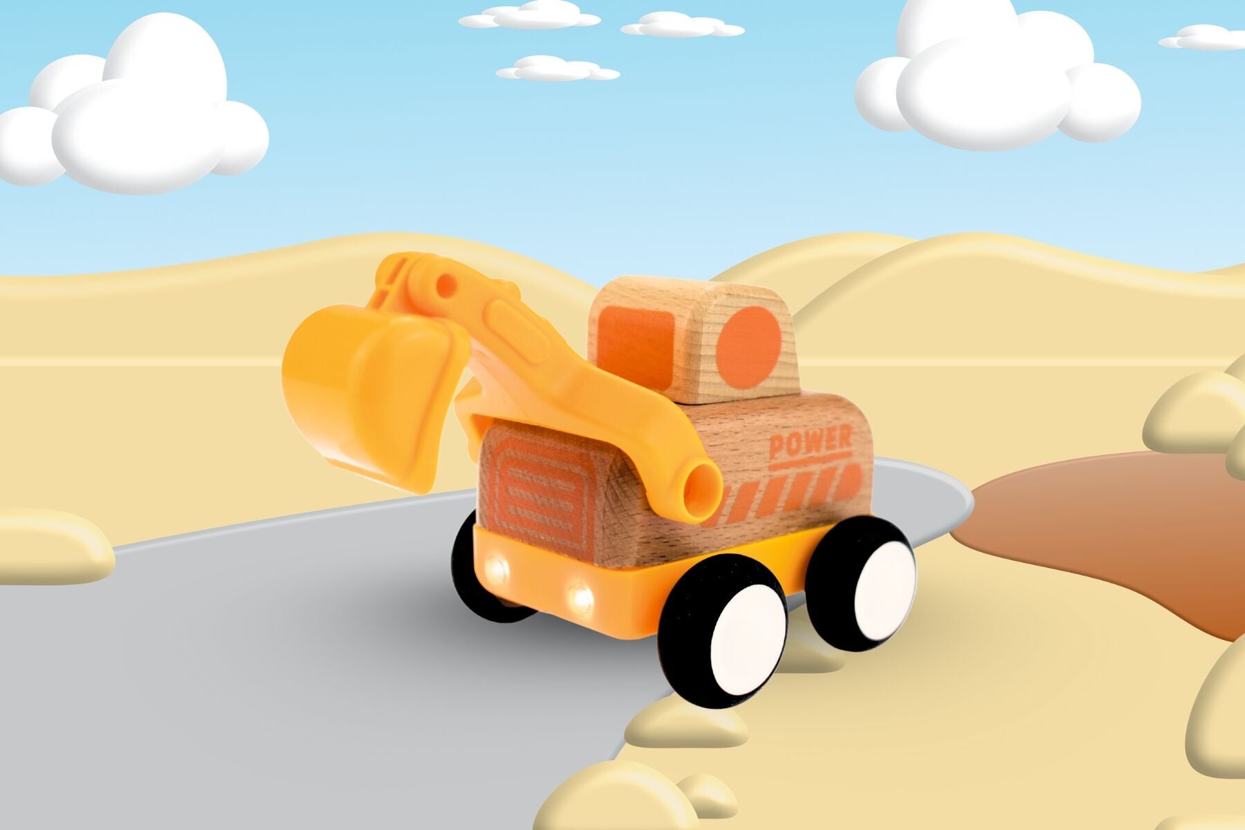 Wooden Friction Truck - Digger with Sound and Light