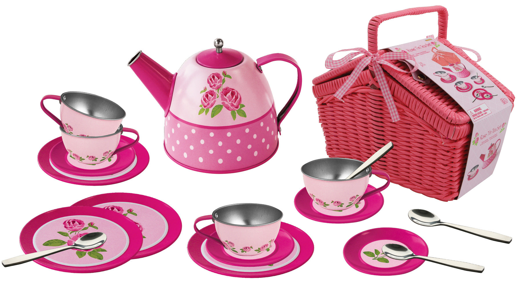 Rose Tin Tea Set in Picnic Basket - 18 pc