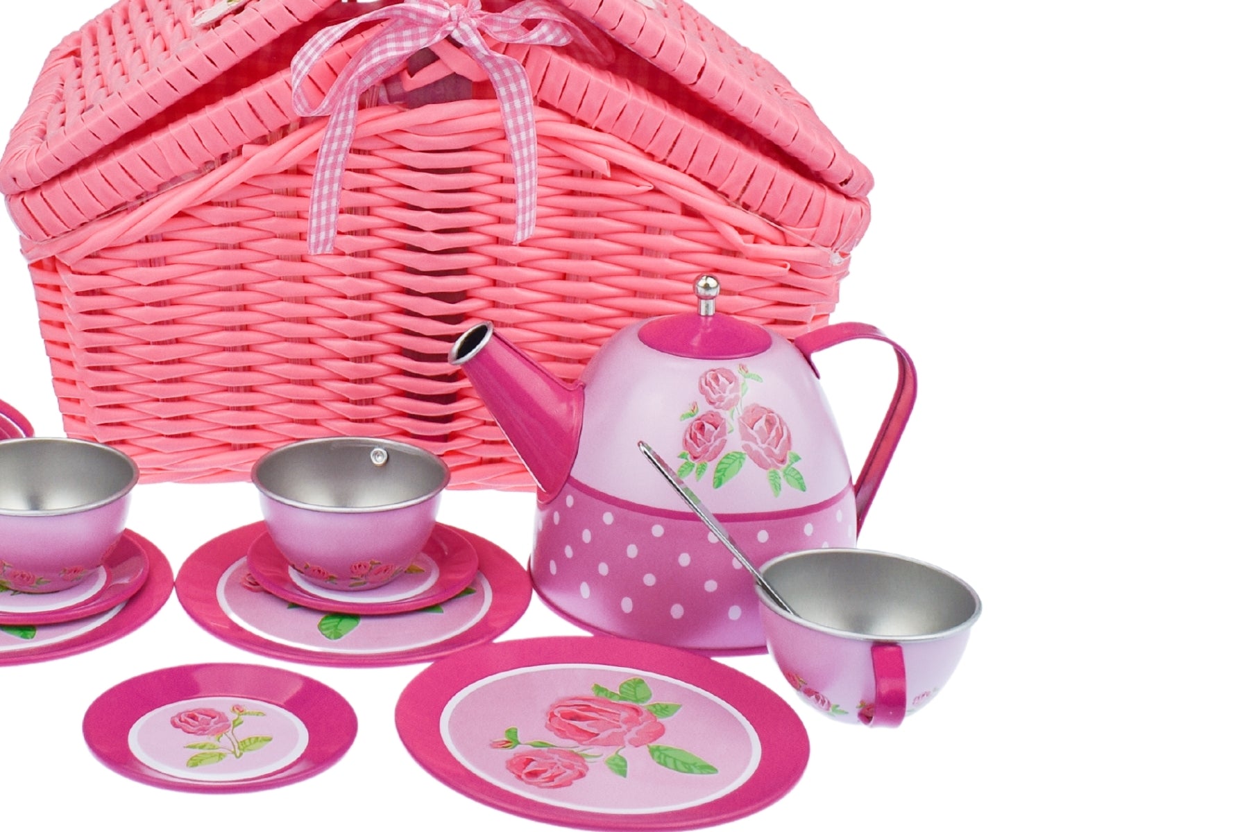 Rose Tin Tea Set in Picnic Basket - 18 pc