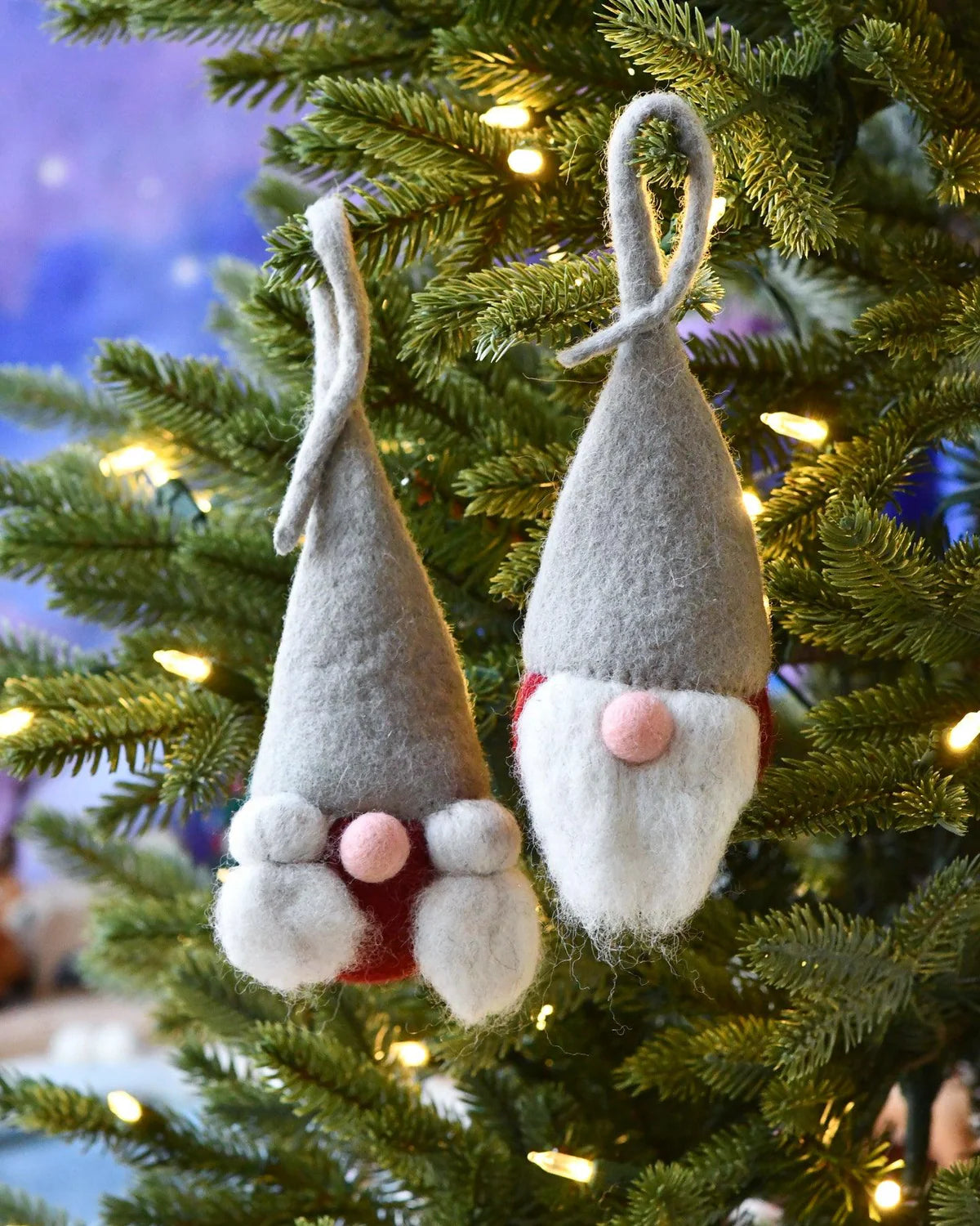 Felt Christmas Grey-Red Santa Gnome Baubles (Pair)