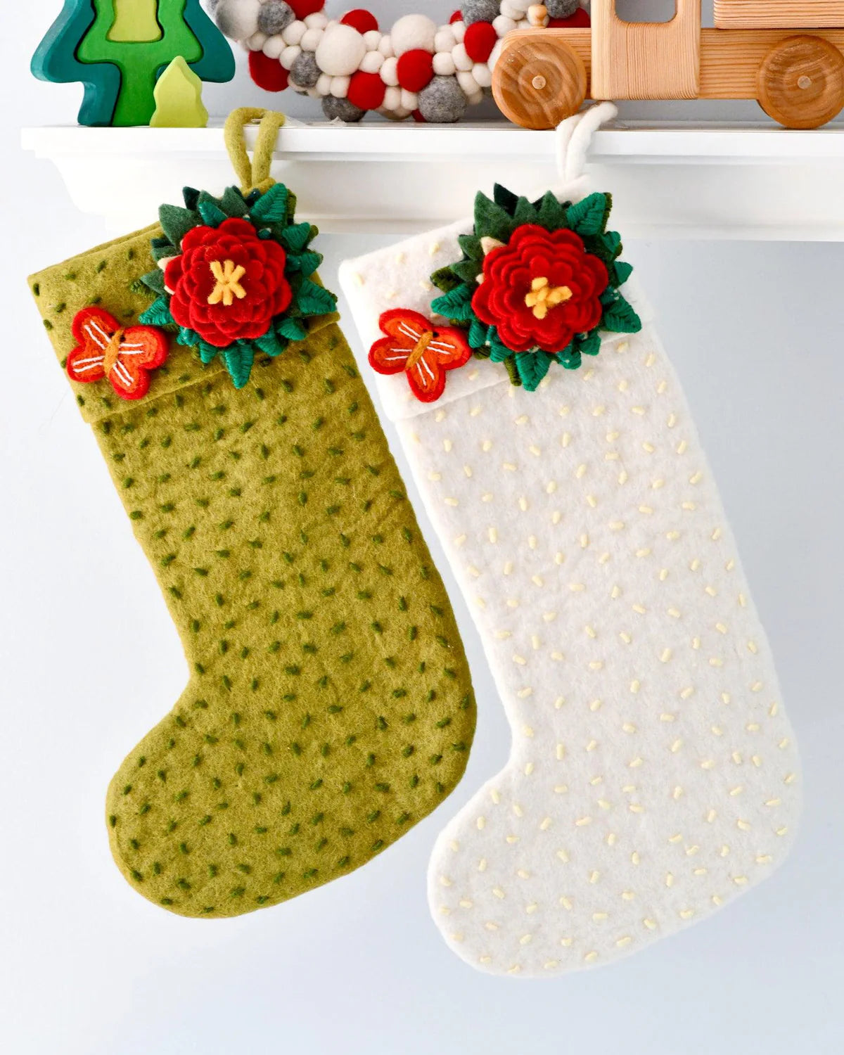 Felt Christmas Stocking - Green with Flower
