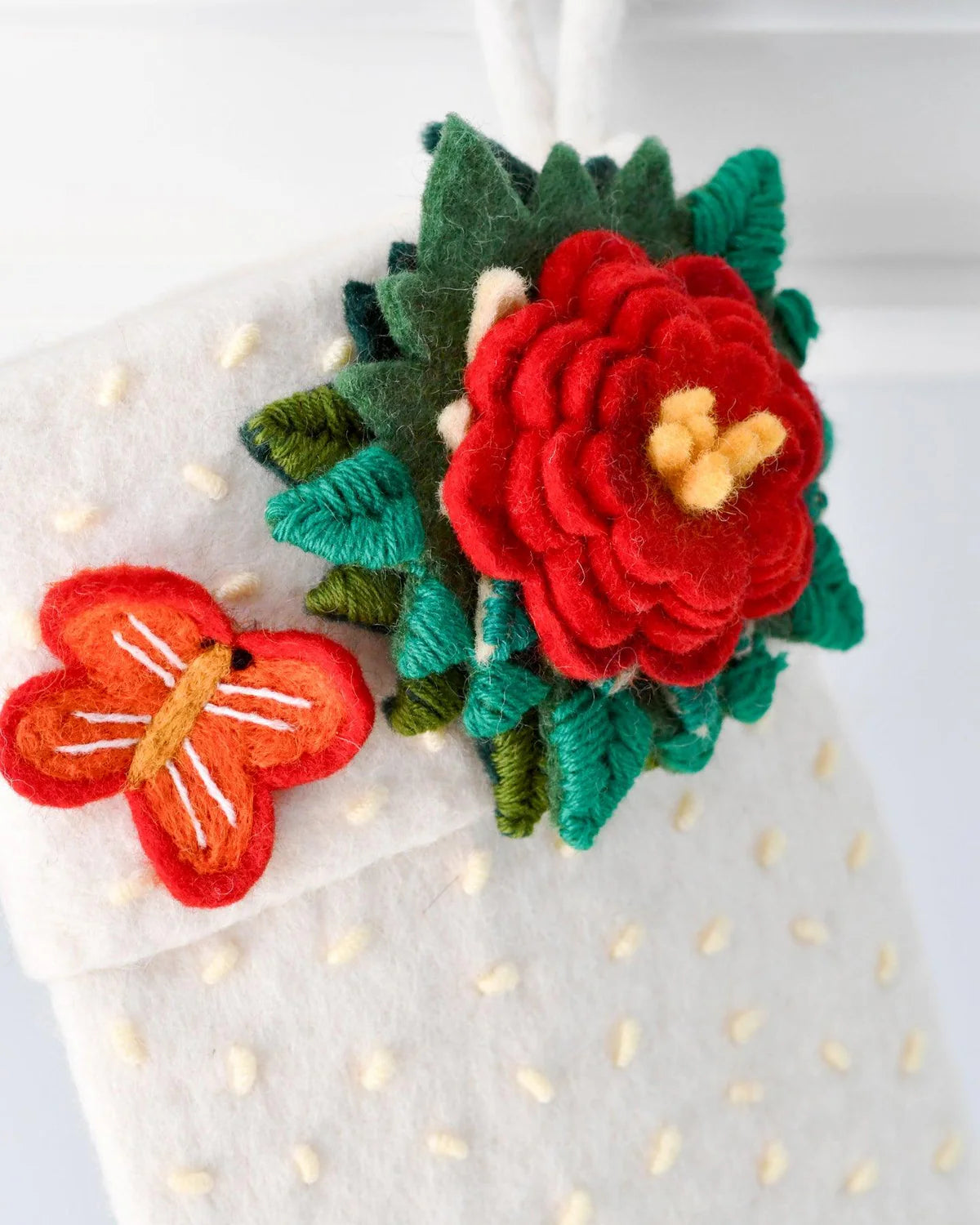 Felt Christmas Stocking - White with Flower