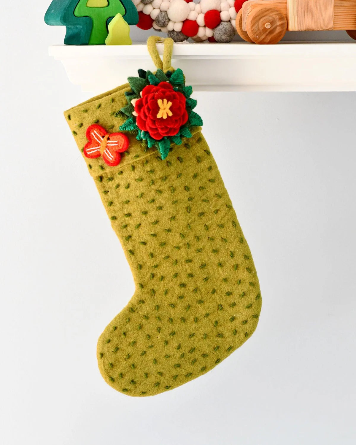 Felt Christmas Stocking - Green with Flower