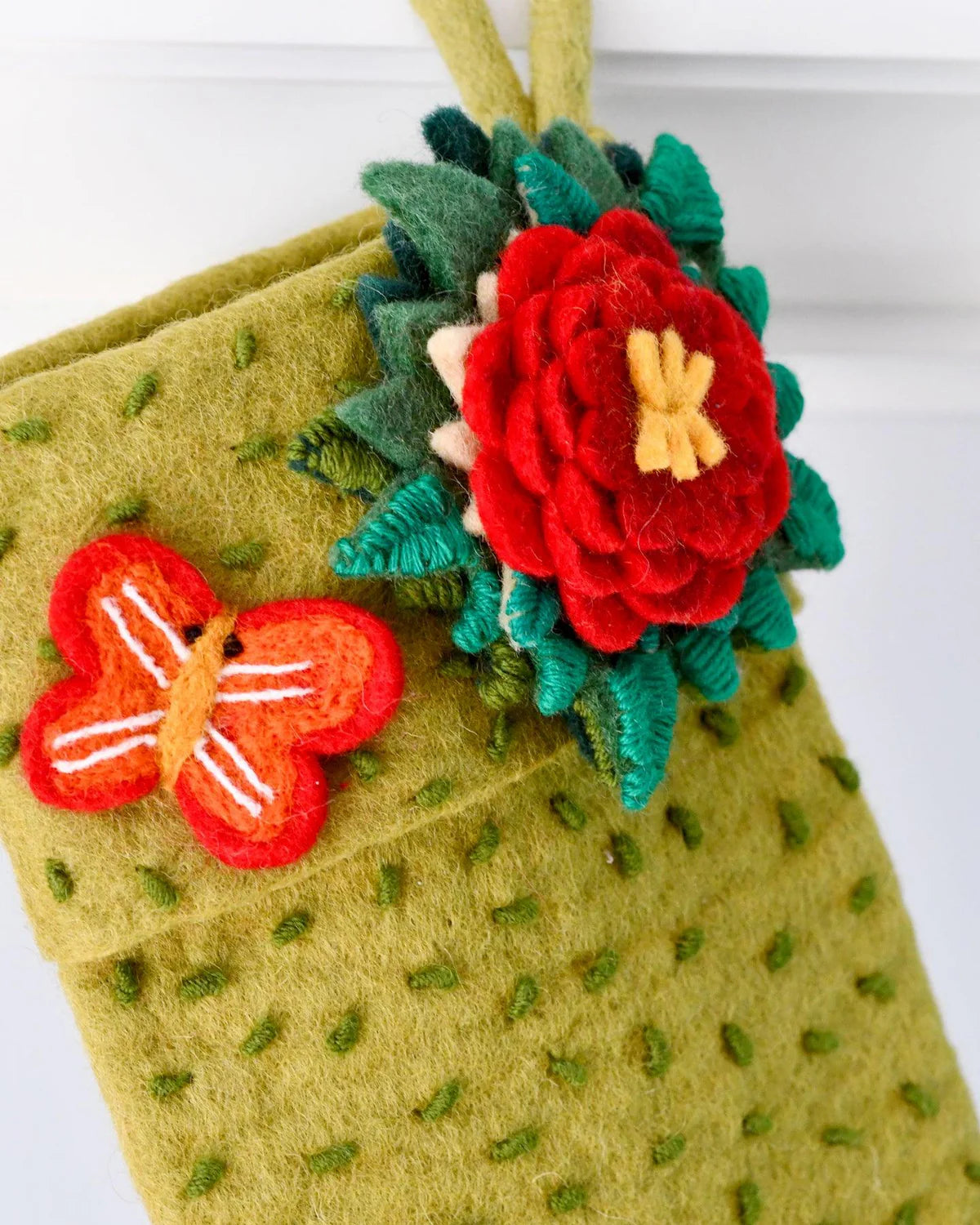 Felt Christmas Stocking - Green with Flower